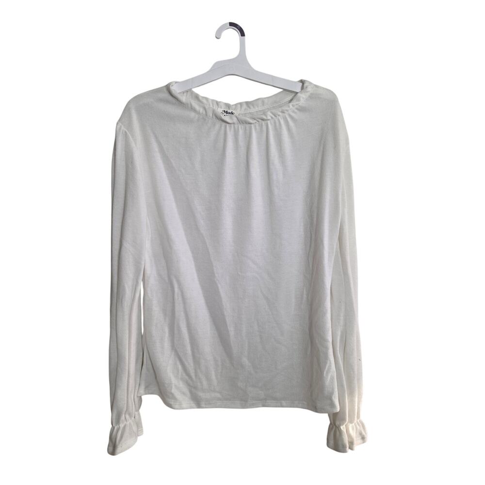 White Long Sleeve Ruched Cuff Lightweight Top